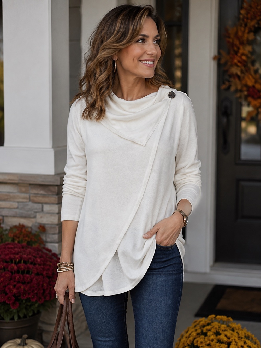 APT.9 Ivory Draped Wrap Front Tunic Top Size L Asymmetrical Button Shoulder